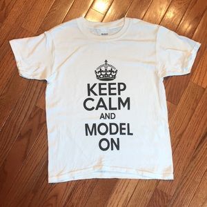 Keep calm and model on white tee